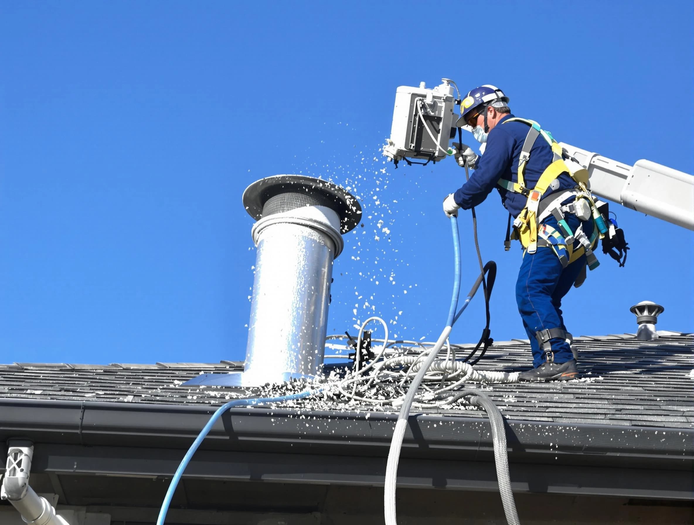 East Point Dryer Vent Cleaning certified technician safely cleaning a roof-mounted dryer vent in East Point