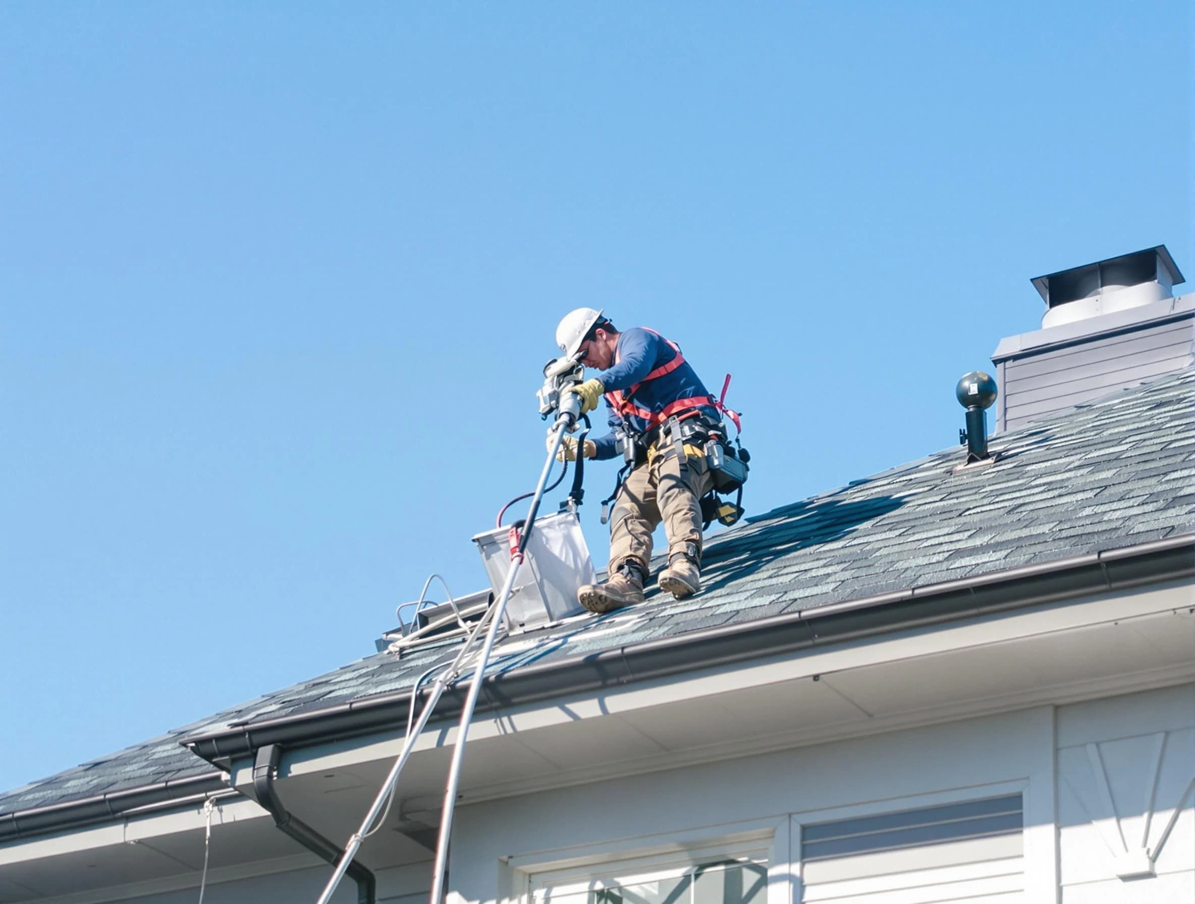 East Point Dryer Vent Cleaning certified technician cleaning a roof-mounted dryer vent system in East Point