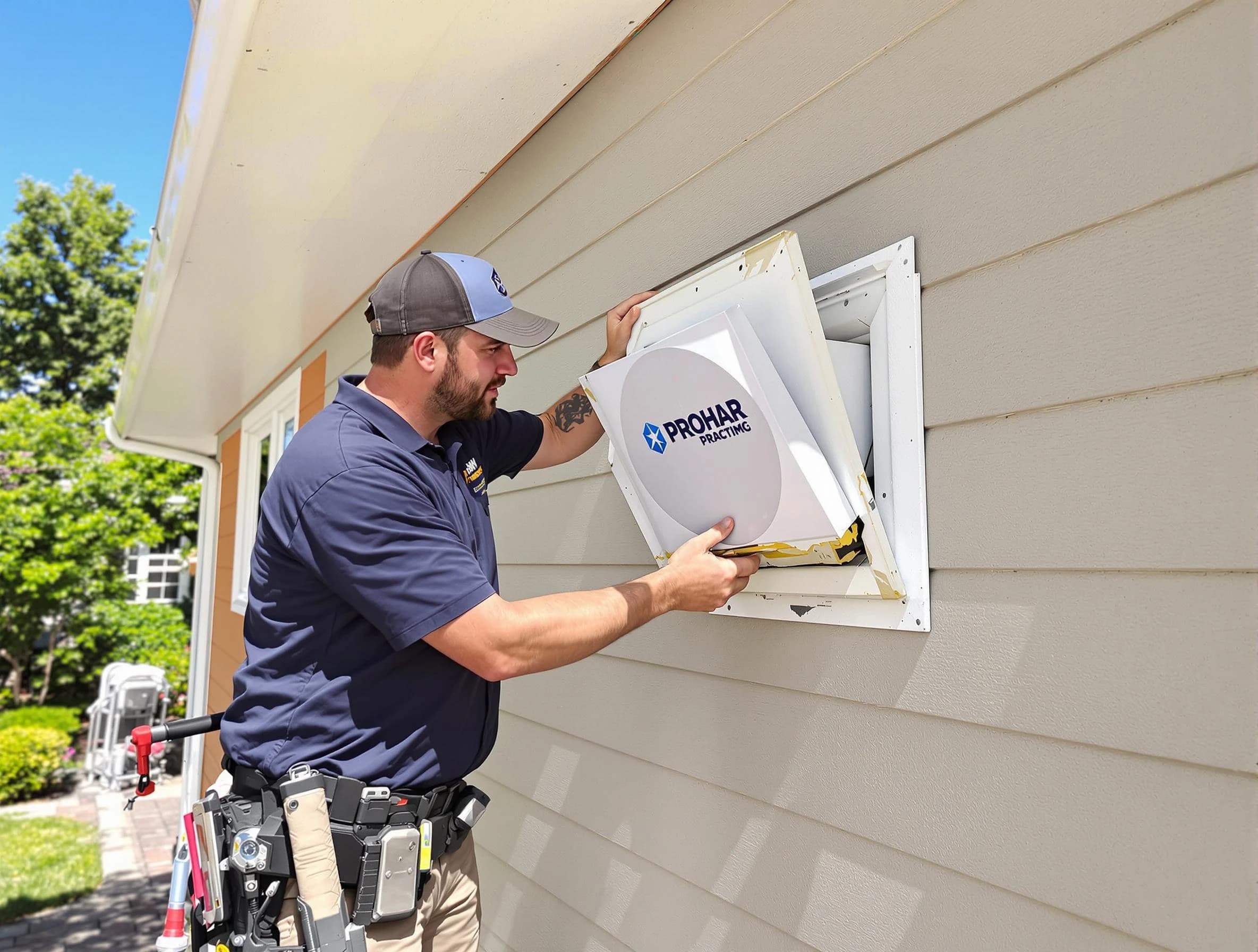 East Point Dryer Vent Cleaning technician installing a new protective dryer vent cover on a home in East Point
